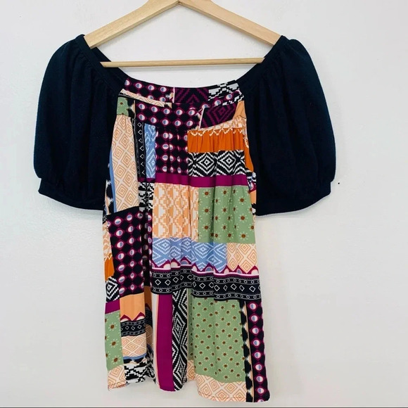Anthropologie Mauve Womans Top XS  Patchwork Print Short Puff Sleeves Boho Light - Picture 1 of 12